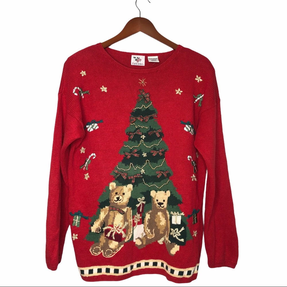 Nutcracker VTG Embroidered Teddy Bears Christmas Tree Ugly Sweater Size M RED